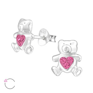 La Crystale Children's Silver Bear Ear Studs with Genuine European Crystals