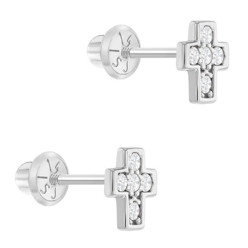 14k White Gold Tiny Cubic Zirconia Religious Cross Screw Back