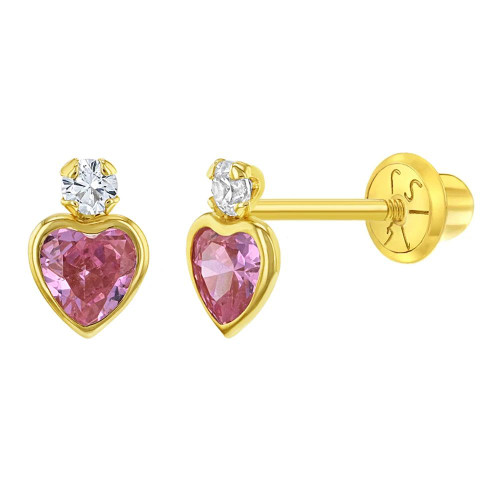14K Yellow Gold Pink/Purple CZ Crown Screw Back Earrings For Girls –