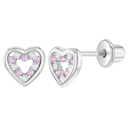 925 Sterling Silver Rhodium Plated CZ Heart Crown Screwback Baby Girls Earrings 