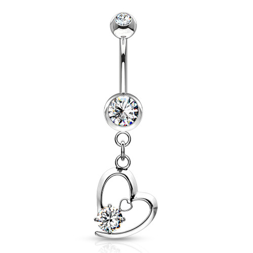 CZ Centered Double Heart with Micro Pave CZ Dangle 316L Surgical