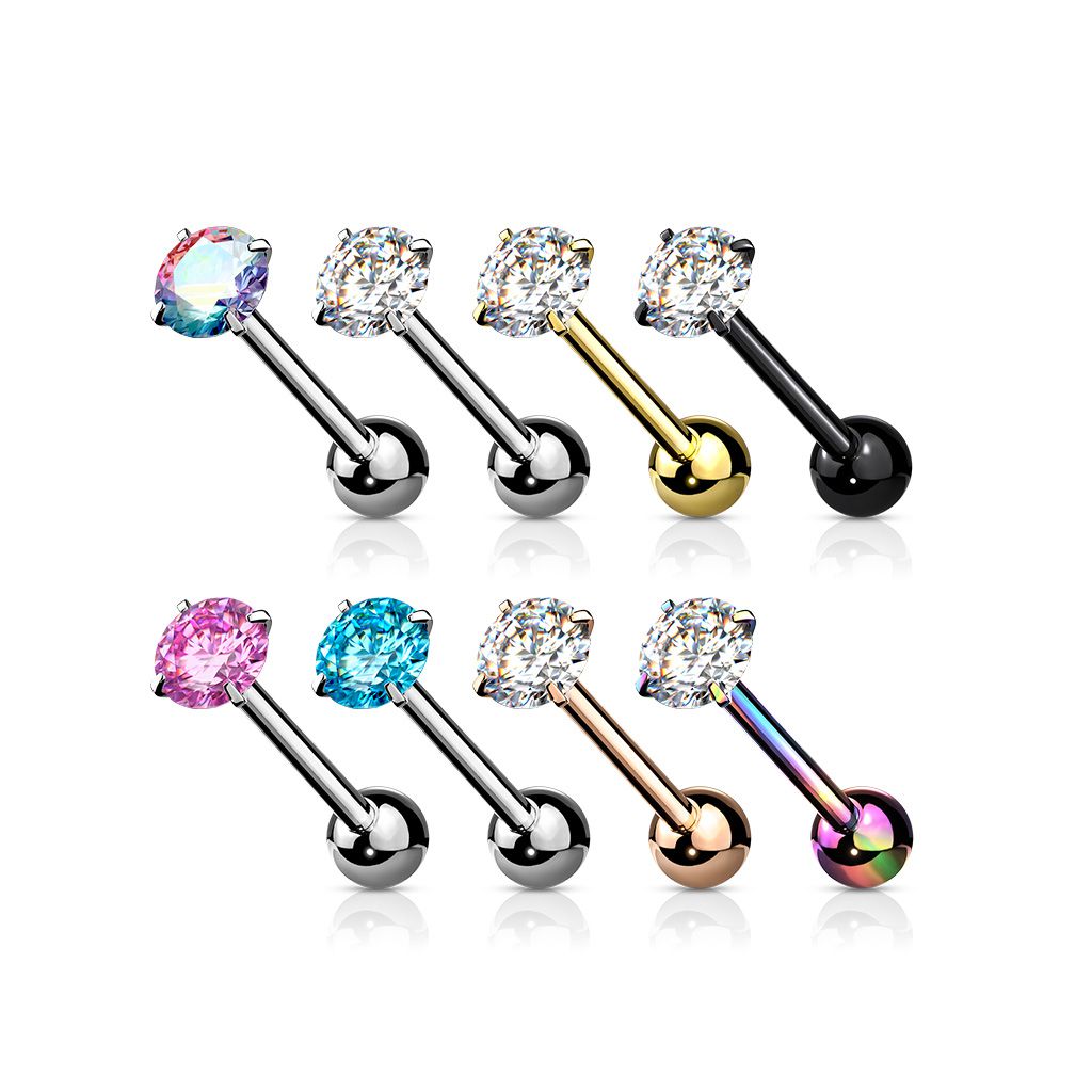 Prong Set Round CZ 316L Surgical Steel Barbell Tongue Rings