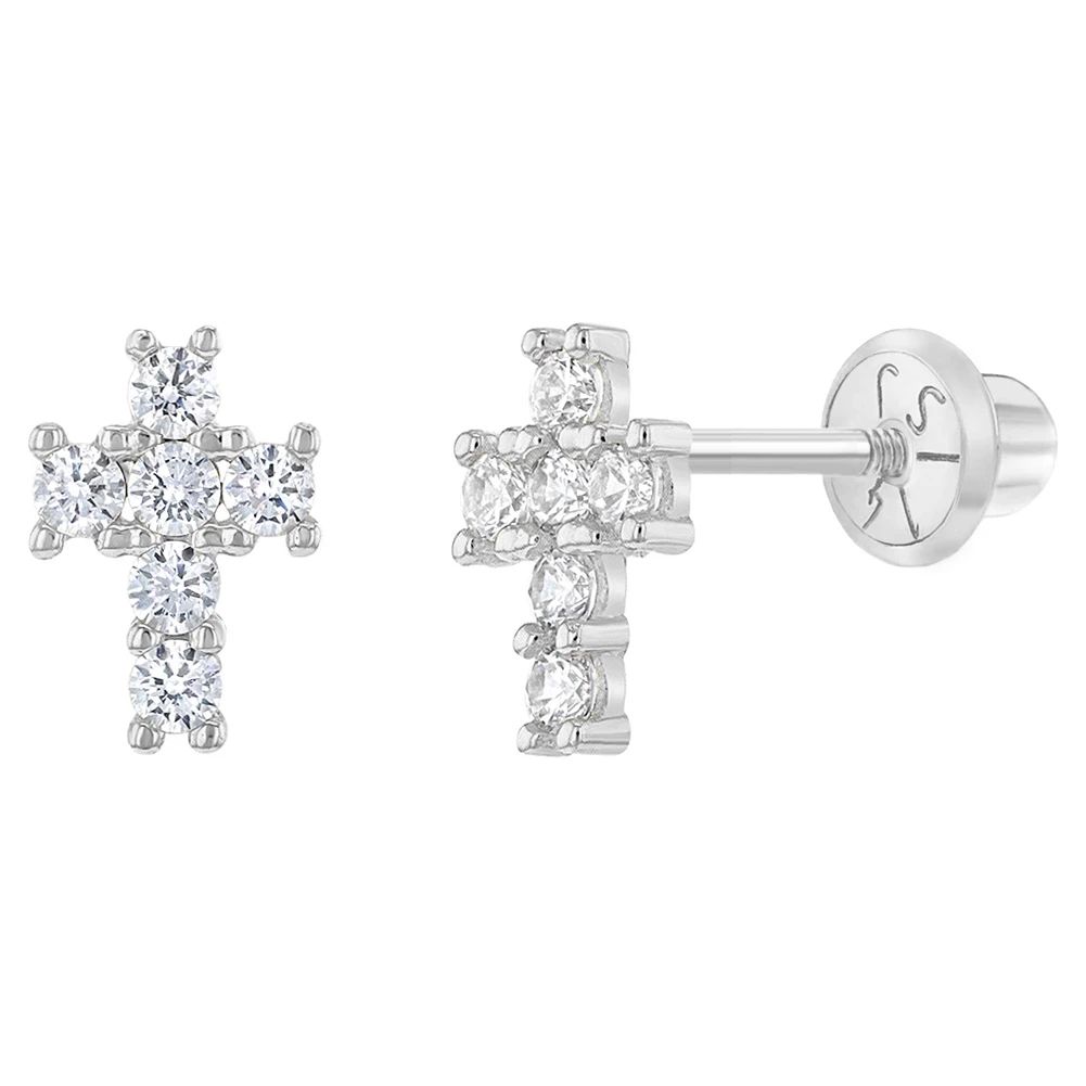 14k White Gold Tiny Cubic Zirconia Religious Cross Screw Back Earrings for  Girls - Body Pierce Jewelry