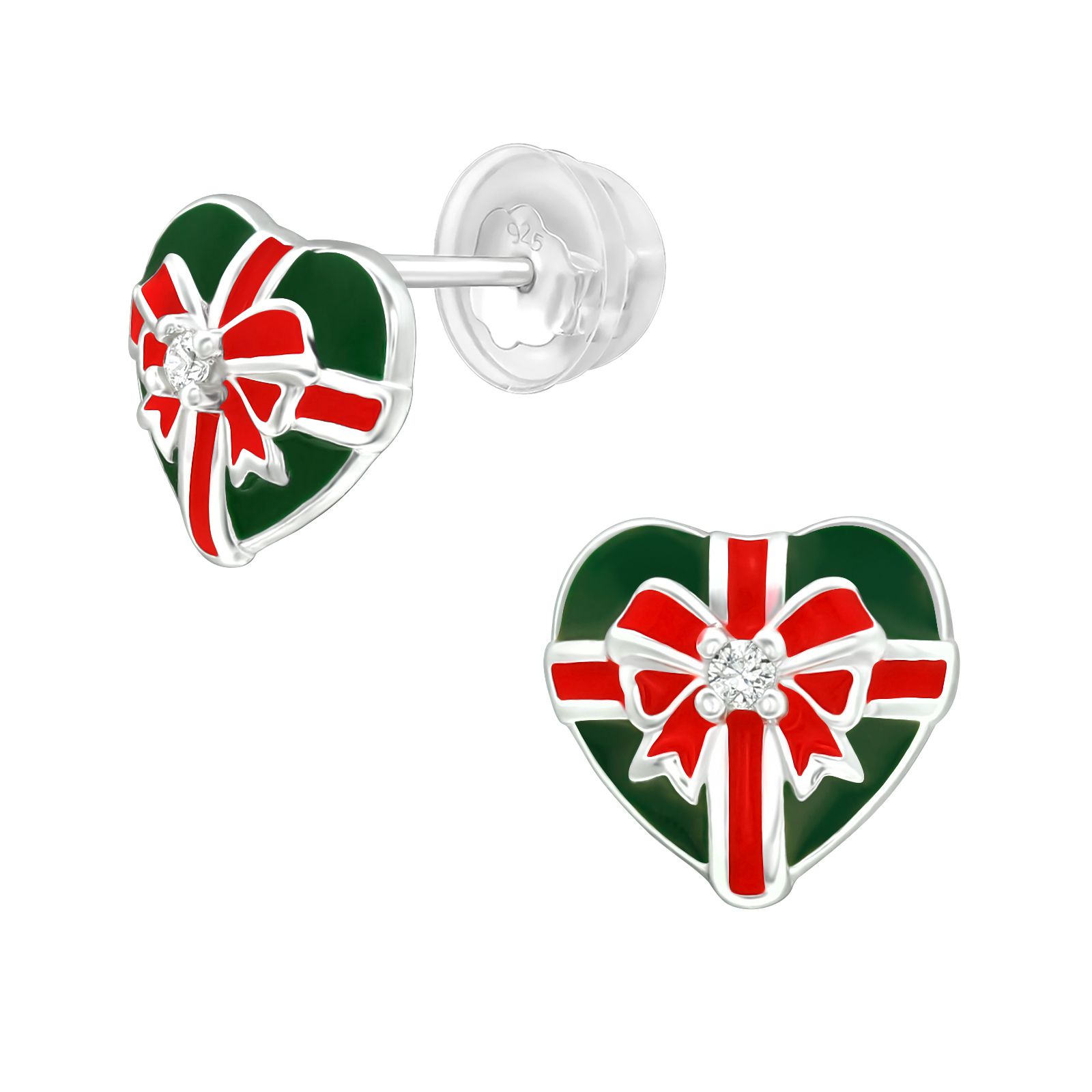Premium Children's Silver Christmas Present Ear Studs with Cubic Zirconia
