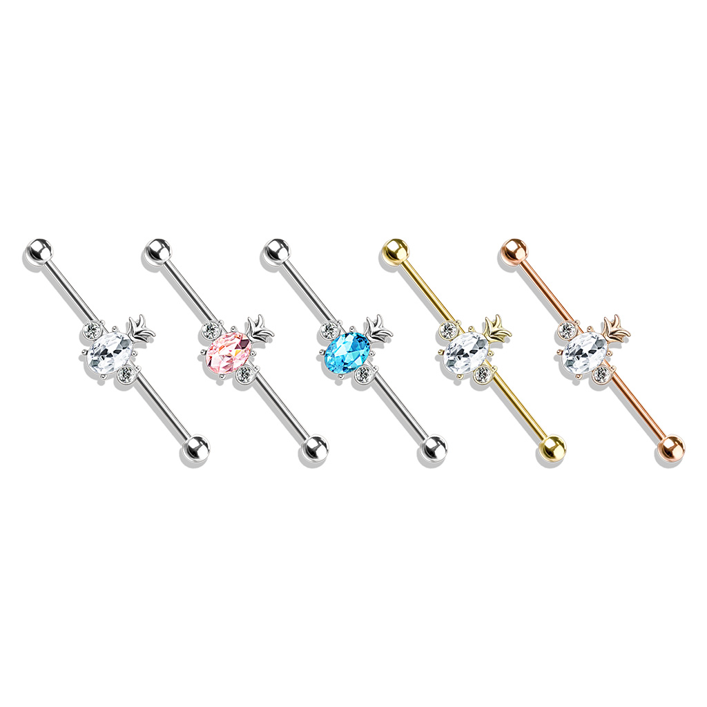 Oval Crystal Set Pineapple with Double Round Crystals 316L Surgical Steel Industrial Barbell