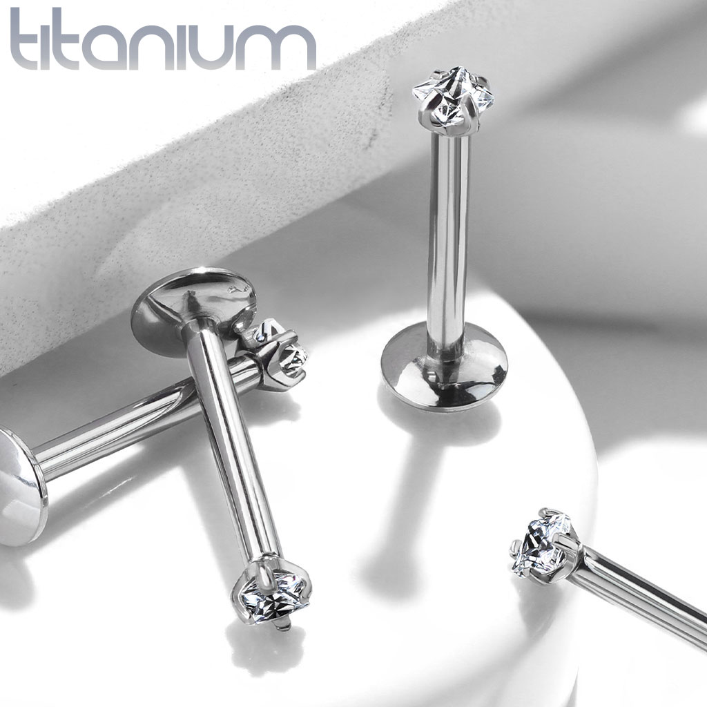 Prong Set Square Clear Gem Top Grade 23 Solid Titanium Internally Threaded Monroe Labret