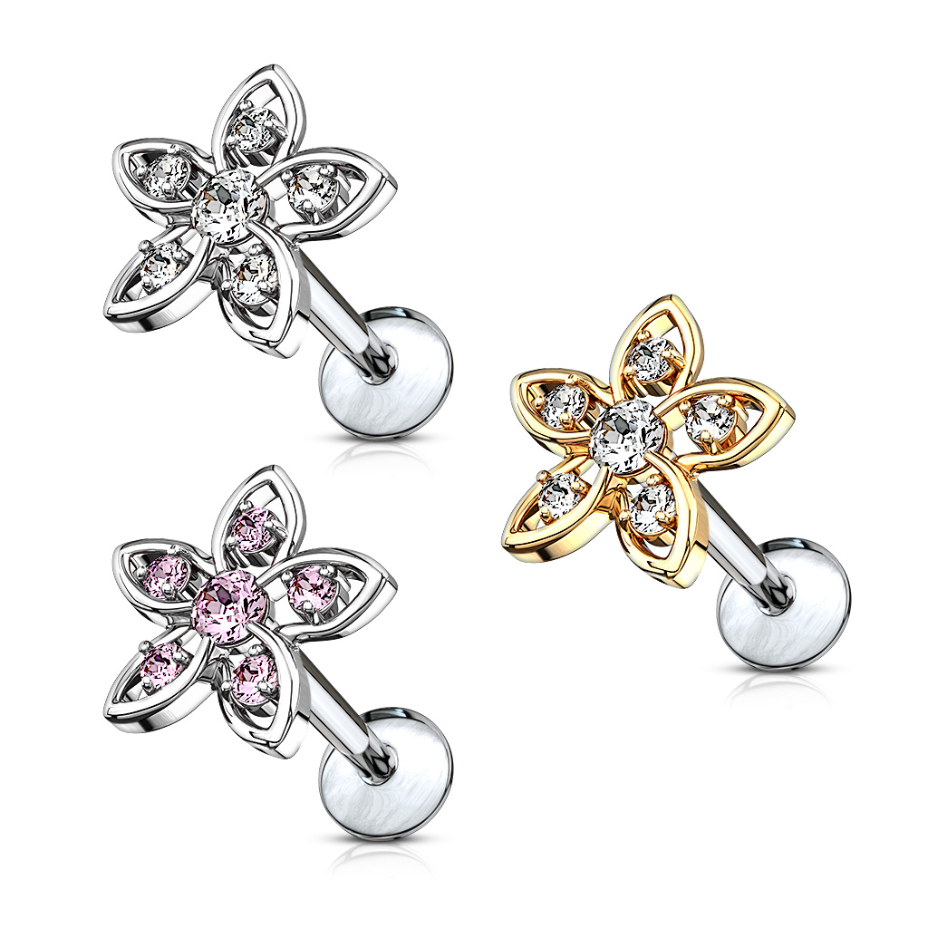 CZ Set Flower Top 316L Surgical Steel Internally Threaded Labret