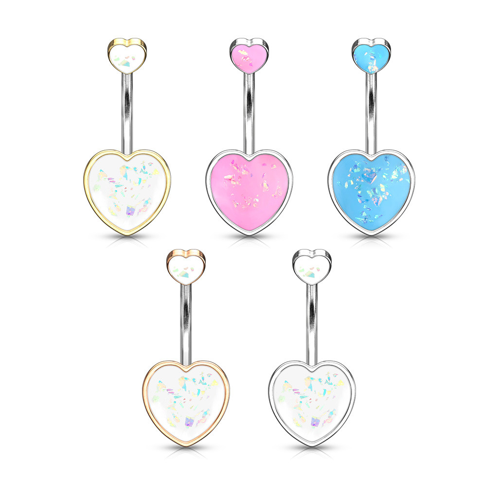 Double Opal Glitter Filled Heart 316L Surgical Steel Belly Button Navel Rings