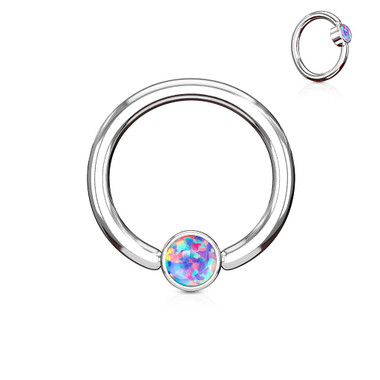 Opal Set Round Flat Cylinder Captive Hoop Ring 316L Surgical Steel