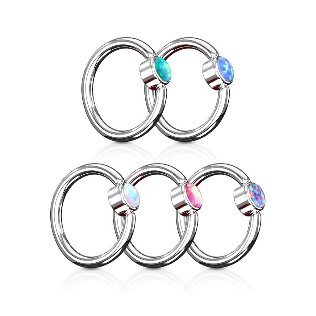 Opal Set Round Flat Cylinder Captive Hoop Ring 316L Surgical Steel