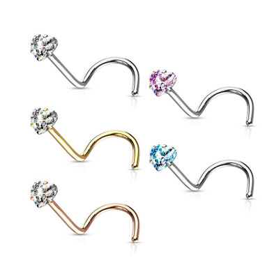 Prong Set Heart CZ Top 316L Surgical Steel Nose Screw Ring