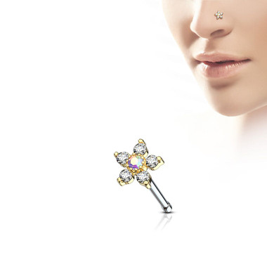 6 CZ Flower Top 316L Surgical Steel Nose Bone Stud Ring