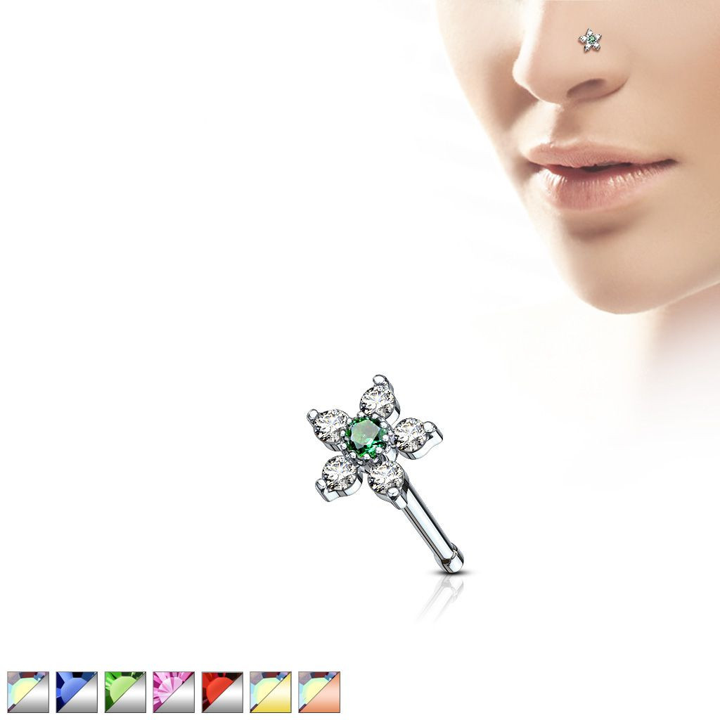 6 CZ Flower Top 316L Surgical Steel Nose Bone Stud Ring