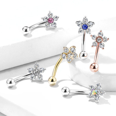 Double Tiered 6 CZ Flower 316L Surgical Steel Eyebrow Ring, Curved Barbells