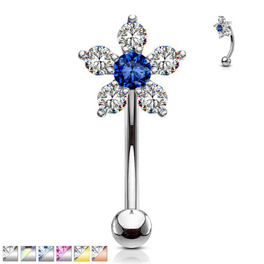 Double Tiered 6 CZ Flower 316L Surgical Steel Eyebrow Ring, Curved Barbells