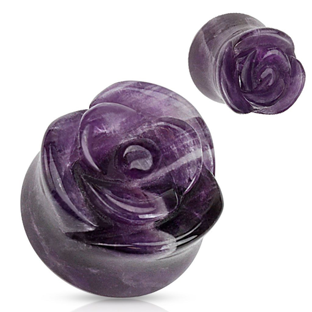 Amethyst Semi Precious Stone Rose Carved on Single Side Double Flared Plug