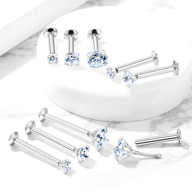 Push In Prong Set CZ Top 316L Surgical Steel Threadless Labret, Monroe, Flat Back Stud