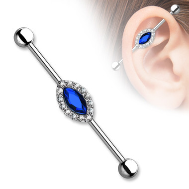 Marquise Crystal Center and Clear Crystals Around 316L Surgical Steel Industrial Barbells