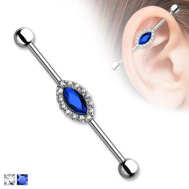 Marquise Crystal Center and Clear Crystals Around 316L Surgical Steel Industrial Barbells