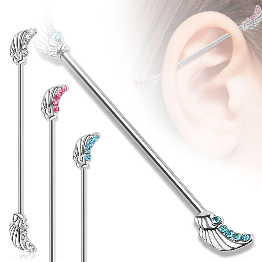 Angel Wings with Lined CZ Gems 316L Surgical Steel Industrial Barbell