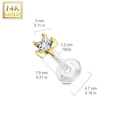 Star CZ Prong Set 14 Kt. Solid Gold Top with PTFE Flex Shaft Labret & Monroe