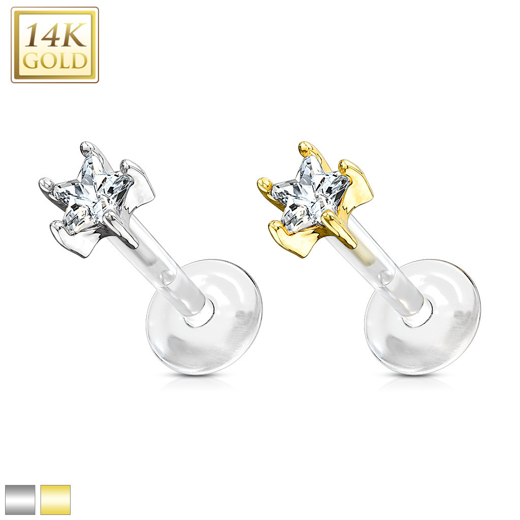 Star CZ Prong Set 14 Kt. Solid Gold Top with PTFE Flex Shaft Labret & Monroe