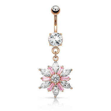 316L Surgical Steel Marquise Cut CZ Petals with Princess Cut Pink CZ Center Flower Dangle Navel Ring