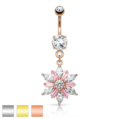 316L Surgical Steel Marquise Cut CZ Petals with Princess Cut Pink CZ Center Flower Dangle Navel Ring