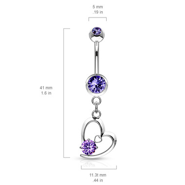 Hollow Heart with Prong CZ Dangle Navel Ring 316L Surgical Steel