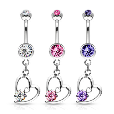 Hollow Heart with Prong CZ Dangle Navel Ring 316L Surgical Steel