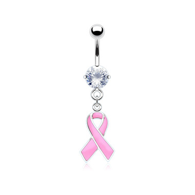 In Awareness Ribbons In Dangle with 316L Surgical Stainless Steel Prong Set CZ Navel Ring