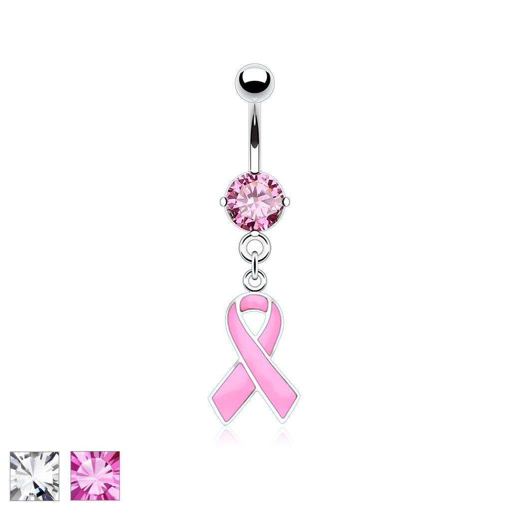 In Awareness Ribbons In Dangle with 316L Surgical Stainless Steel Prong Set CZ Navel Ring