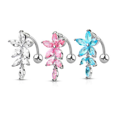 Marquise CZ Flower with Marquise CZ Vines 316L Surgical Steel Top Drop Belly Button Navel Rings