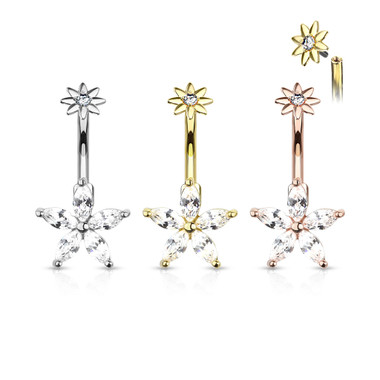 5 Marquise CZ Petals Flower Internally Threaded CZ Center Small Flower Top 316L Surgical Steel Belly Button Navel Ring