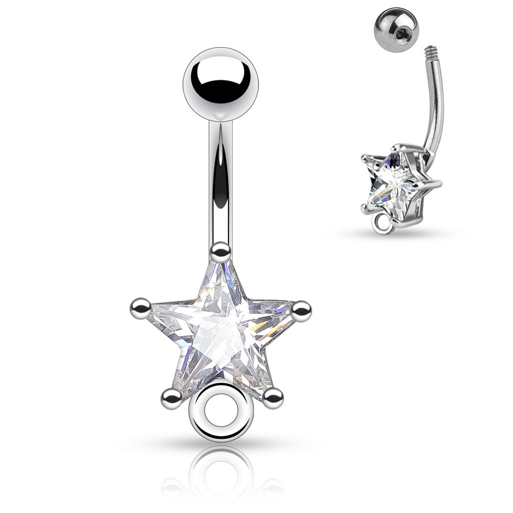 Star CZ Prong Set 316L Surgical Steel Belly Rings with O-Ring for Add on Dangles