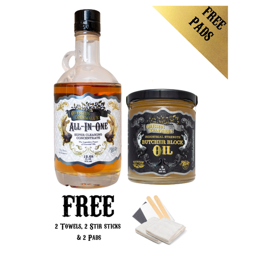 The Essential Kit Every Household Needs:  Odysseus Cornwall's Butcher Block Oil 9oz and All-In-One Super Cleaning Concentrate- 12.68 oz Jar  + 2 FREE Hand Towels, 2 Pads, 1 T-shirt and Shipping