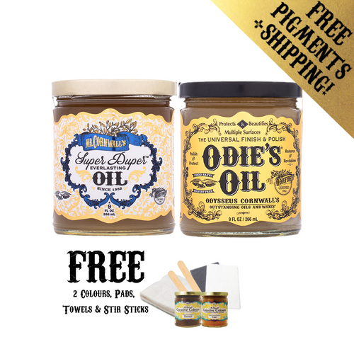 Odie's Starter Kit: Mr. Cornwall's Super Duper Everlasting Oil 9oz and Odie's Oil 9oz + 2 FREE Colours of your choice, 2 Hand Towels, 1 White Pad, 1 Micro Fine Gray Pad, 2 Stir Sticks and Shipping! Odie's Starter Kit: Mr. Cornwall's Super Duper Everlasting Oil 9oz and Odie's Oil 9oz + 2 FREE Colours of your choice, 2 Hand Towels, 1 White Pad, 1 Micro Fine Gray Pad, 2 Stir Sticks and Shipping!