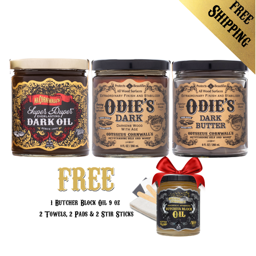 Holiday Dark Kit: Mr. Cornwall's Super Duper Dark Everlasting Oil 9oz, Odie's Dark Oil 9oz, and Odie's Dark Butter + FREE Butcher Block Oil 9oz, 2 Towels, 2 Pads, 2 Stir Sticks and Shipping