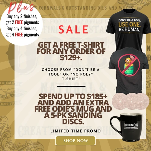 FREE Odie's Gift, includes: one Odie's T-Shirt, Mug & 5-PK Sanding Discs. Available only with minimum spend of $185+! While Supplies Last!