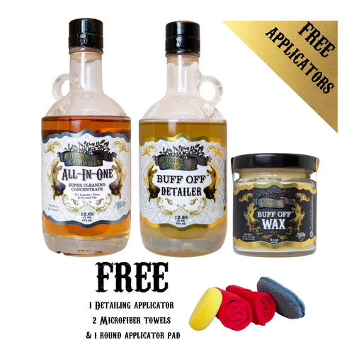 BUFF OFF Ultimate Auto & Marine Detailing Kit, includes: BUFF OFF Detailer (12.68 oz), All-In-One Cleaner Concentrate (12.68 oz), BUFF OFF Wax (4 oz), plus applicator pads and FREE SHIPPING!