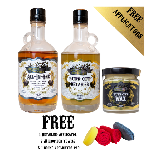 BUFF OFF Ultimate Auto & Marine Detailing Kit, includes: BUFF OFF Detailer (12.68 oz), All-In-One Cleaner Concentrate (12.68 oz), BUFF OFF Wax (4 oz), plus applicator pads and FREE SHIPPING!