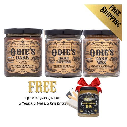 The Dark Kit: Odie's Dark Oil 9oz,  Odie's Dark Butter and Odie's Dark Wax + FREE Butcher Block Oil 9oz, 2 Towels, 2 Pads, 2 Stir Sticks and Shipping