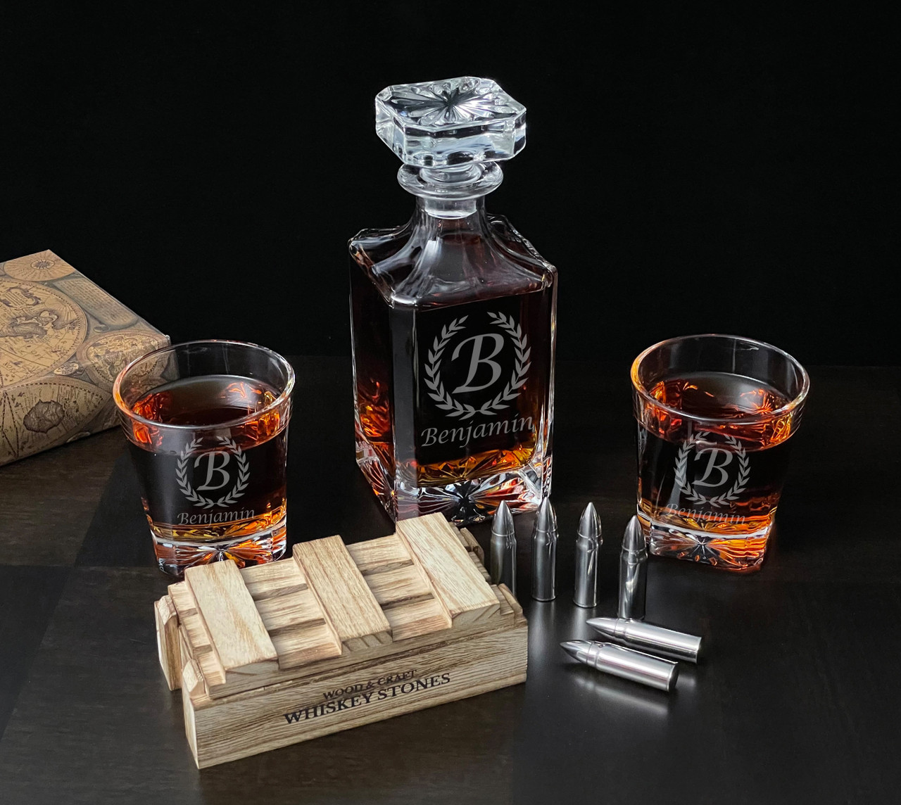 Personalized Whiskey Gift Set in Wood Box, Whiskey Gift Set, Wedding Gift  for Groomsmen, Whiskey Bourbon Glasses 