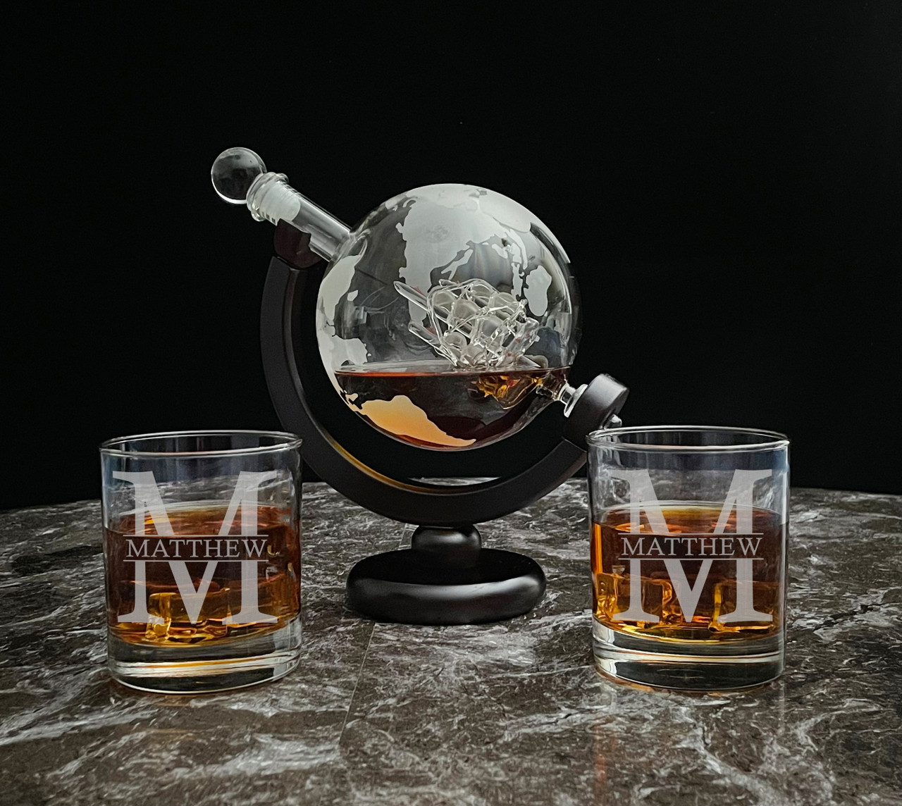 Personalized Globe Decanter Set with Two Twist Scotch Glasses - Chic Makings