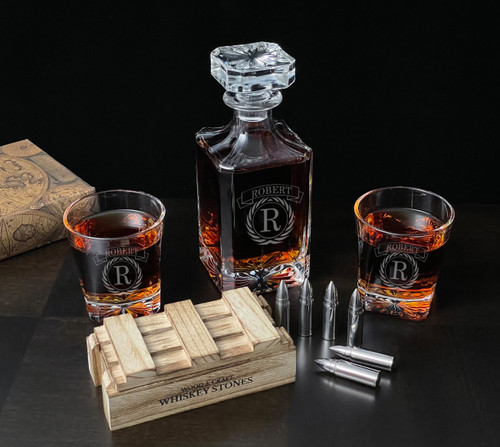 Bourbon Decanter with 2 Glasses & Whiskey Bullet Stones Set