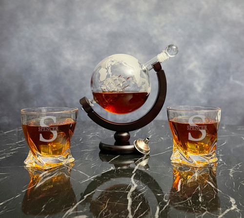 Globe Set with Ship & Two Whiskey Glasses | Unique Decanter