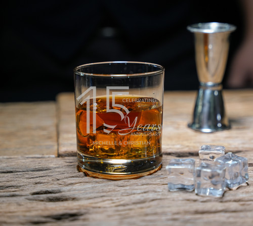 Etched Round Whiskey Glasses | 15th Year Anniversary Gift for Couples