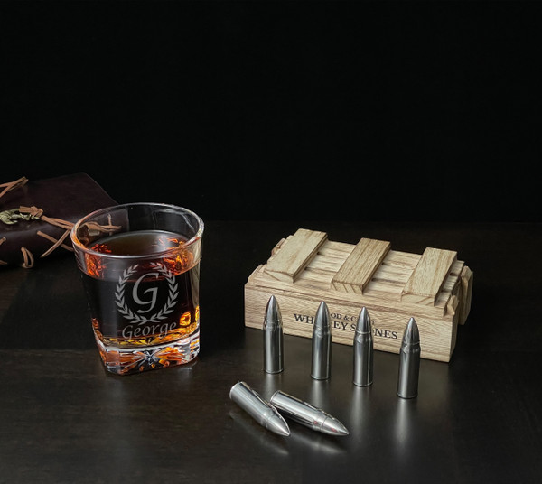 Old Fashioned Whiskey Glass with 6 Bullets Stones Set 