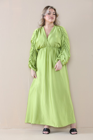 Satin V-Neck Ruched Maxi Dress Plus Mid Size wholesale fashion