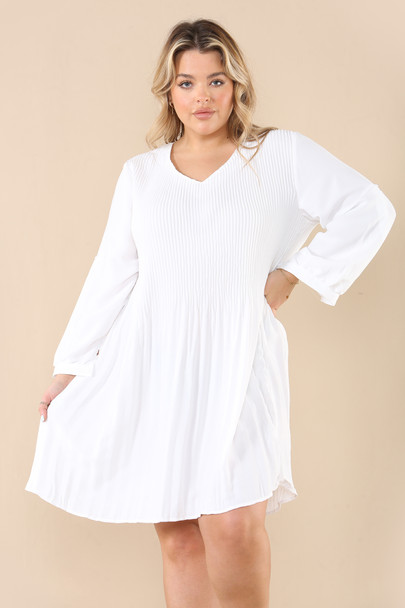 Pleated Long Sleeved Dress Mid & Plus Size Wholesale Clothing